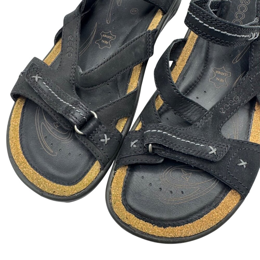 Ecco Black Leather Sandals Womens EU 40/US 9-9.5 Cork Hook Loop Outdoor Comfort - Picture 12 of 15